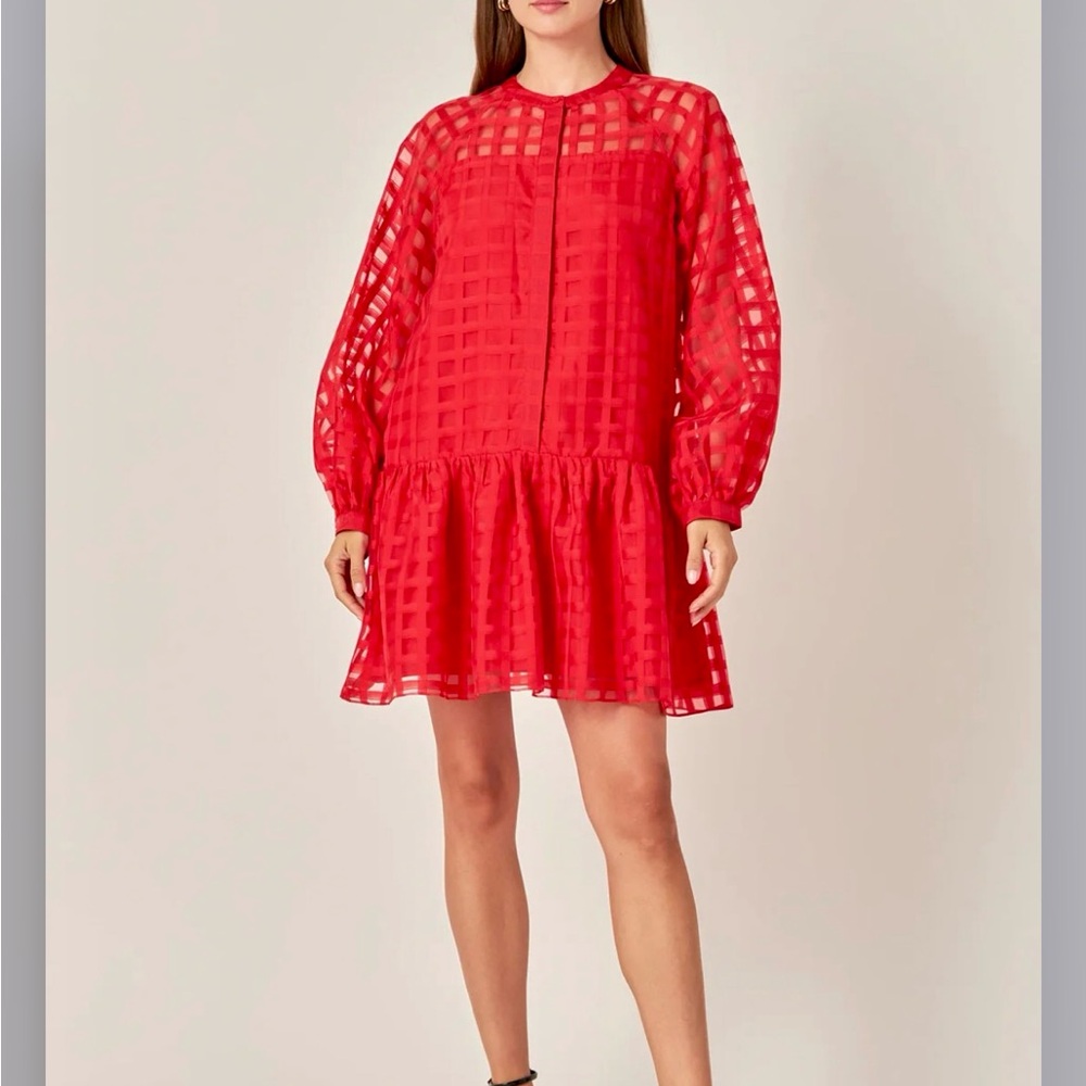 English Factory - Sheer Checkered Organza Long Sleeve Mini Dress